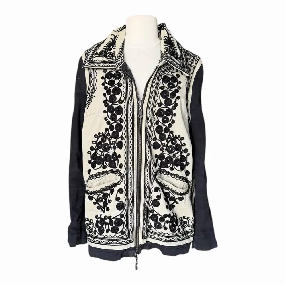 Free People Stitched Quills Embroidered Cream Black Jacket Boho Small Western